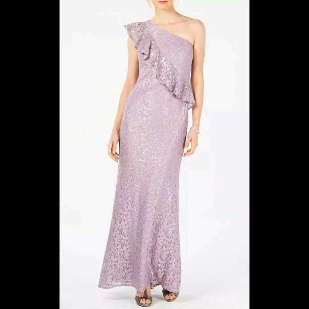 Women’s Formal Dress Sz 16 Ruffle Glitter Lace Mauve Alex Evenings Off Shoulder